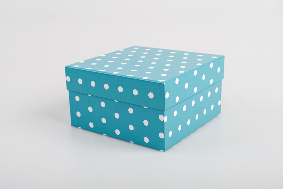 Подарочная коробка крышка-дно, 19 x 19 x 10,5 см. "Веселые горошки", голубой, белый