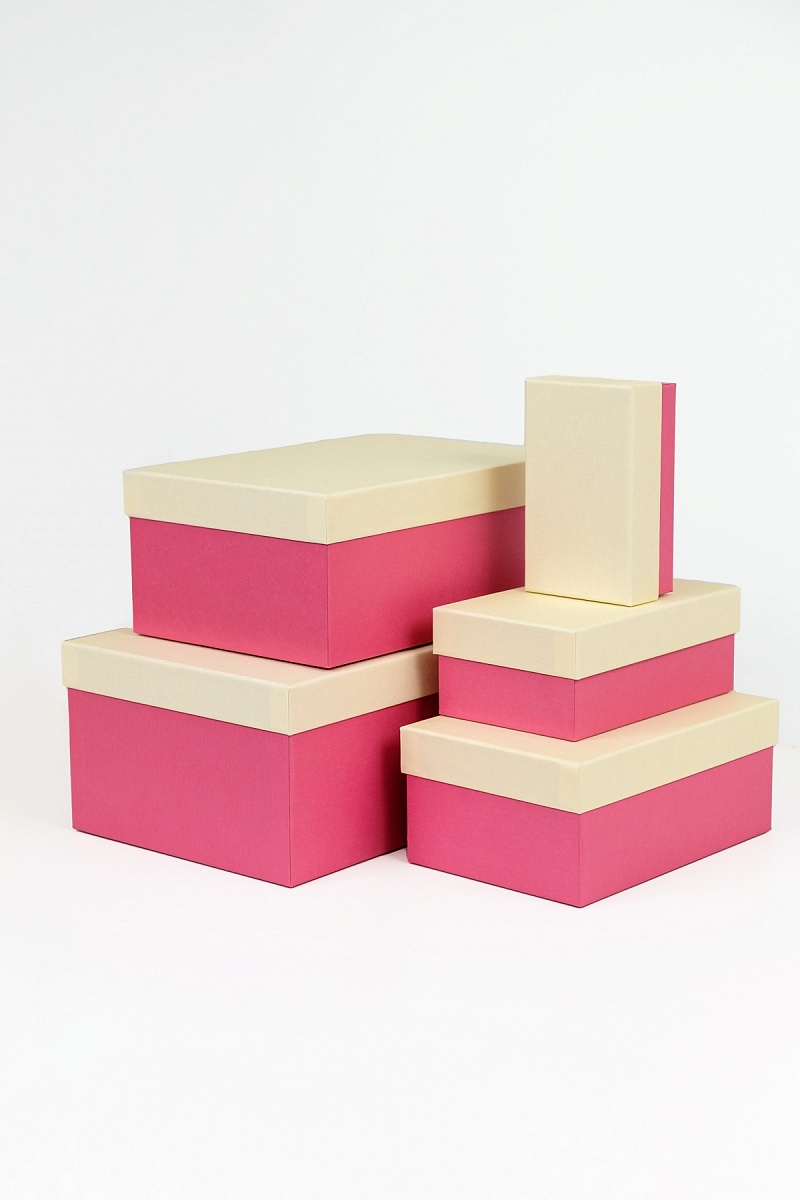 Набор прямоугольных подарочных коробок 5 в 1, 14.4 x 8.9 x 5.5 - 31.4 x 20.9 x 13.5 см. "Радуга", бежевый, розовый