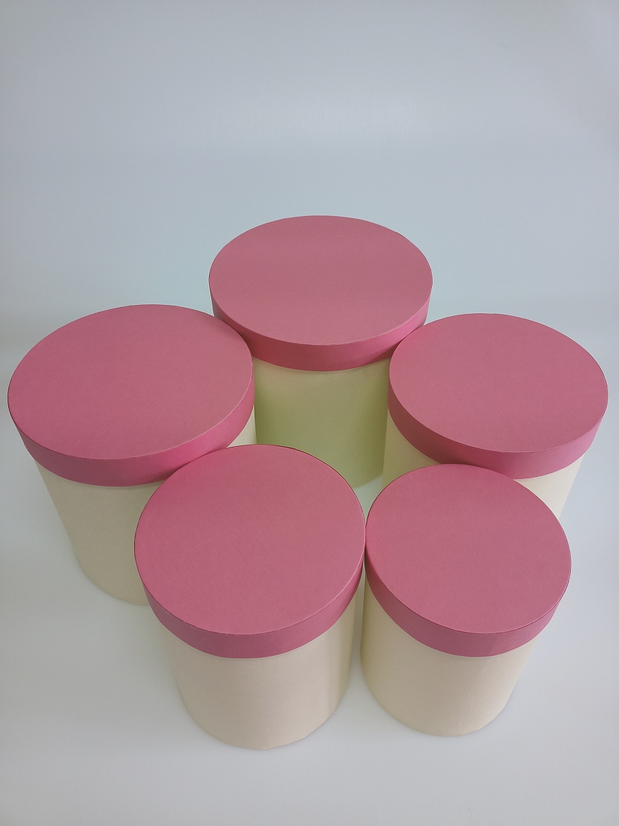 Набор круглых подарочных коробок 5 в 1, 14 х 18  - 22 х 22  см. "Радуга", розовый, бежевый