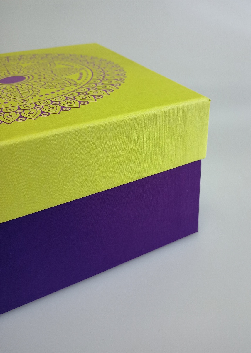 Коробка-крышка-дно для хранения,  19 x 19 x 10.5 см.  "Мандалы",  фисташковый, фиолетовый