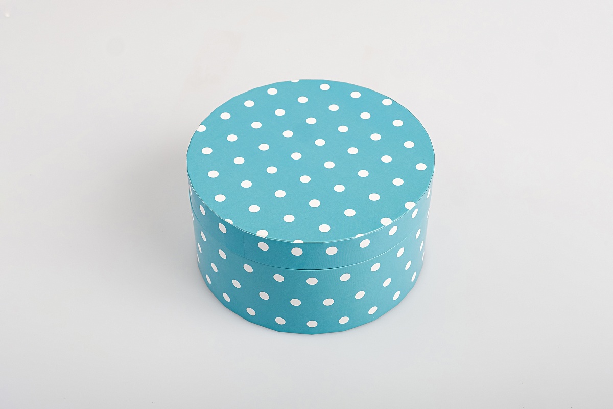 Подарочная коробка круглая, 21 x 11 см. "Веселые горошки", голубой, белый
