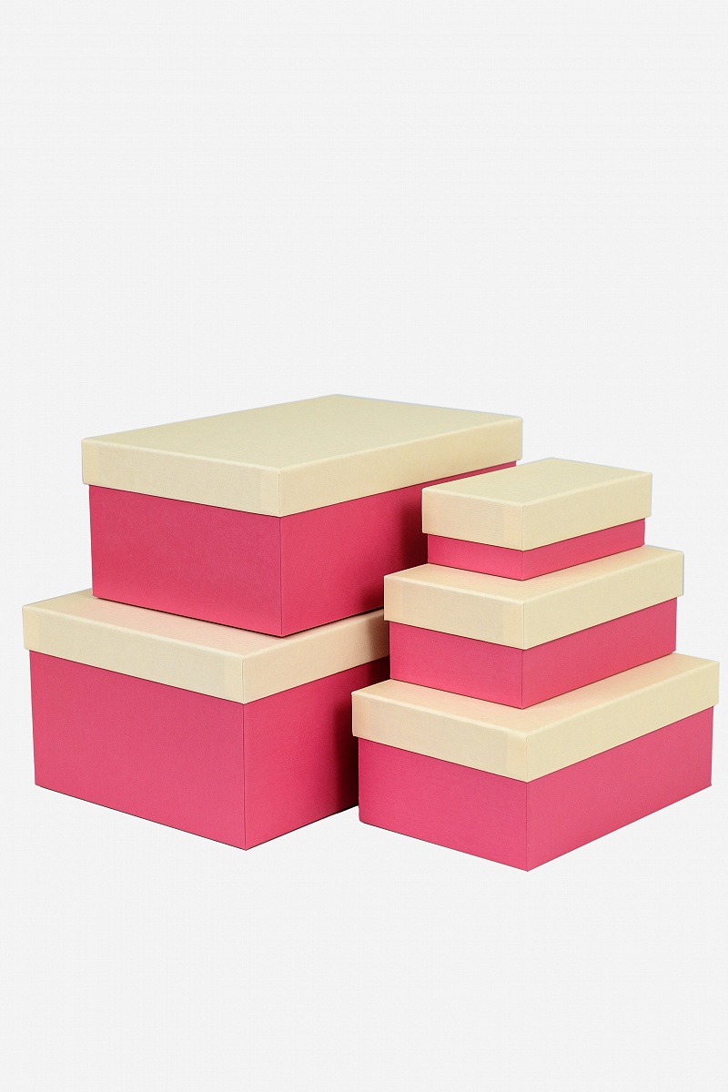 Набор прямоугольных подарочных коробок 5 в 1, 14.4 x 8.9 x 5.5 - 31.4 x 20.9 x 13.5 см. "Радуга", бежевый, розовый