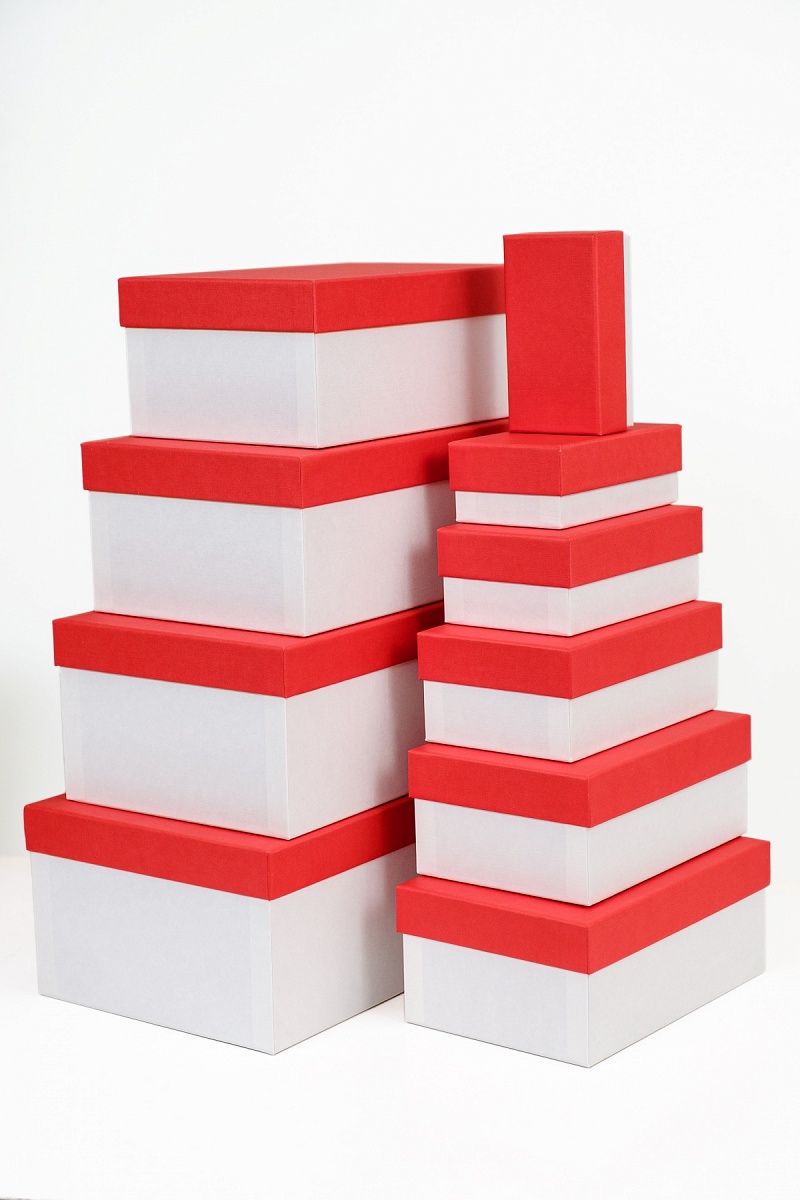 Набор прямоугольных подарочных коробок 10 в 1, 12.9 x 7.4 x 4.5 - 31.4 x 20.9 x 13.5 см. "Радуга", красный, белый