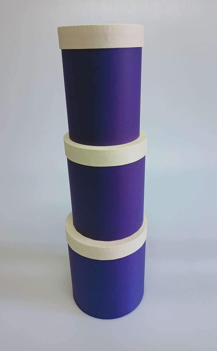 Набор круглых подарочных коробок 3 в 1, 14 х 18 - 18 х 20 см. "Радуга", бежевый, фиолетовый