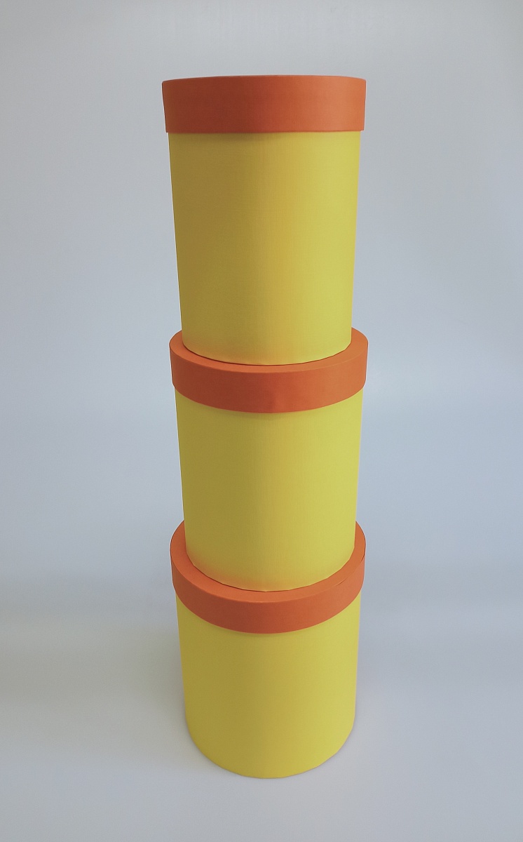 Набор круглых подарочных коробок 3 в 1, 14 х 18 - 18 х 20 см. "Радуга", оранжевый, желтый