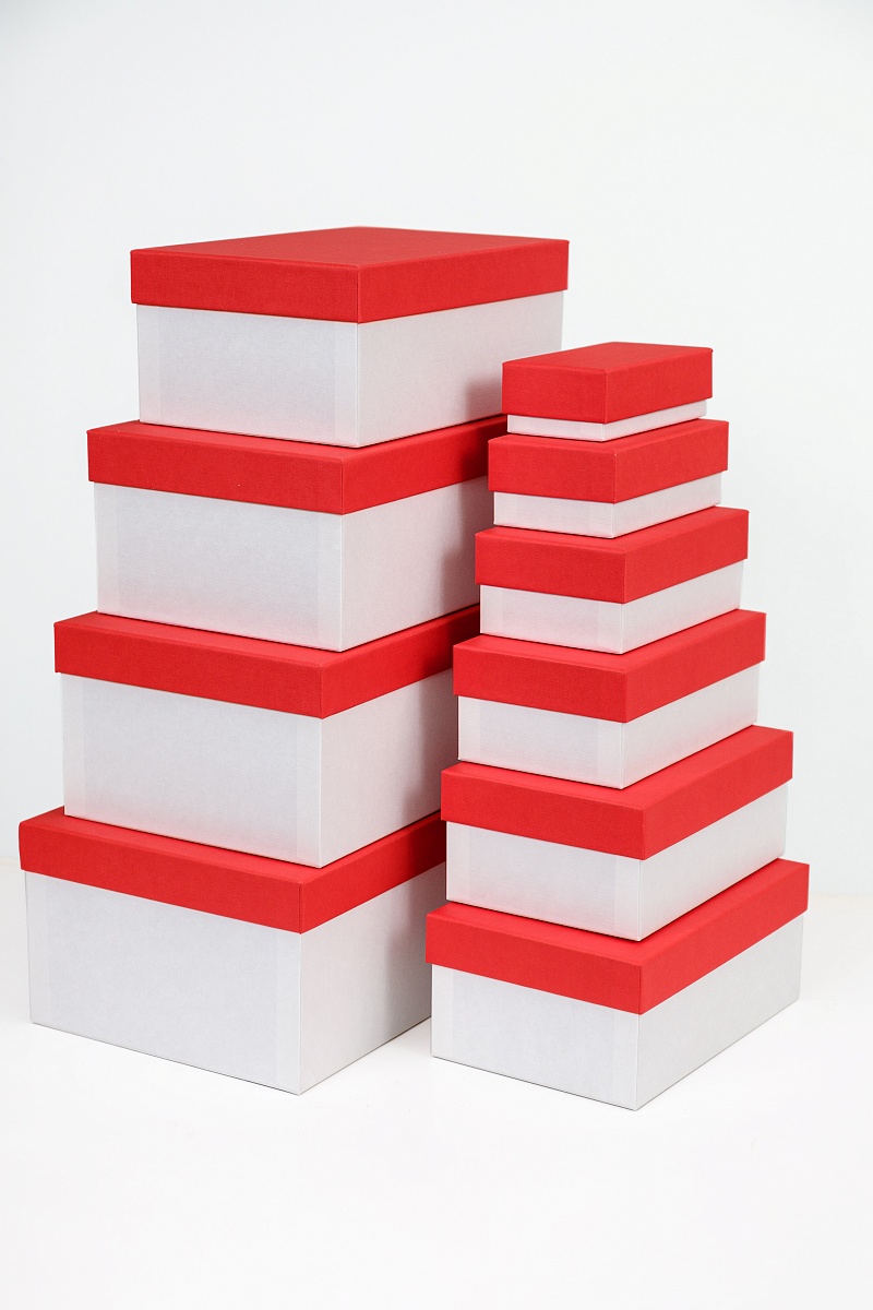 Набор прямоугольных подарочных коробок 10 в 1, 12.9 x 7.4 x 4.5 - 31.4 x 20.9 x 13.5 см. "Радуга", красный, белый