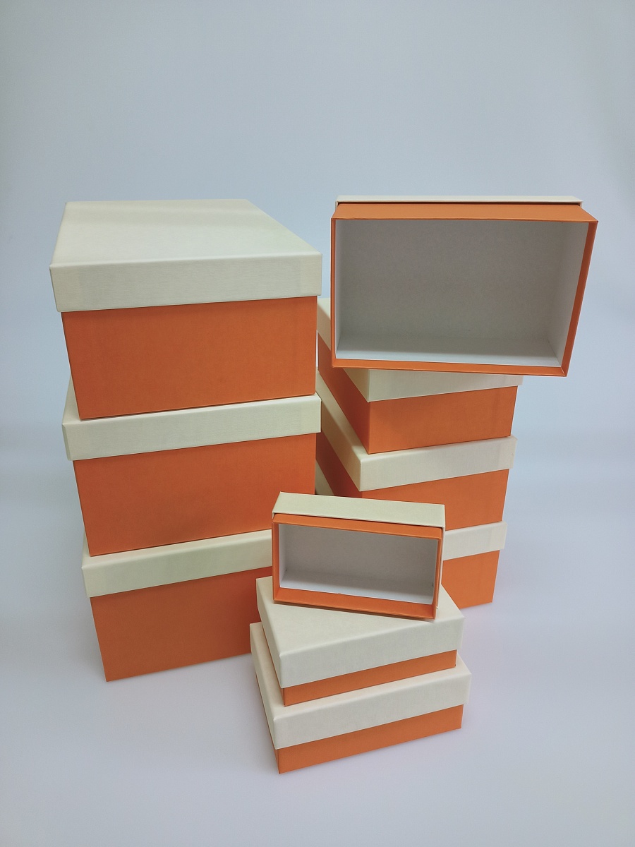 Набор прямоугольных подарочных коробок 10 в 1, 12.9 x 7.4 x 4.5 - 31.4 x 20.9 x 13.5 см. "Радуга", бежевый, оранжевый