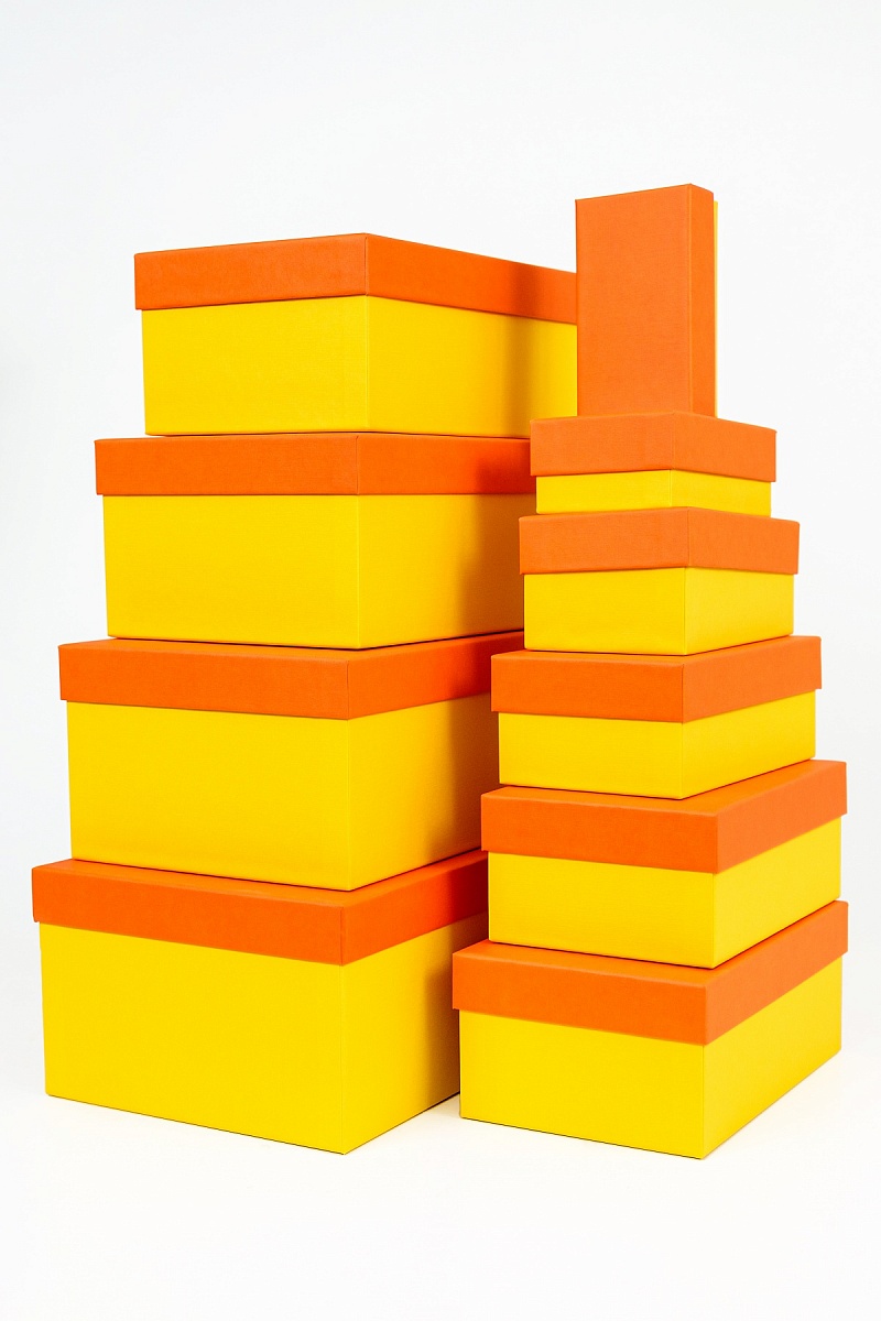 Набор прямоугольных подарочных коробок 10 в 1, 12.9 x 7.4 x 4.5 - 31.4 x 20.9 x 13.5 см. "Радуга", оранжевый, желтый