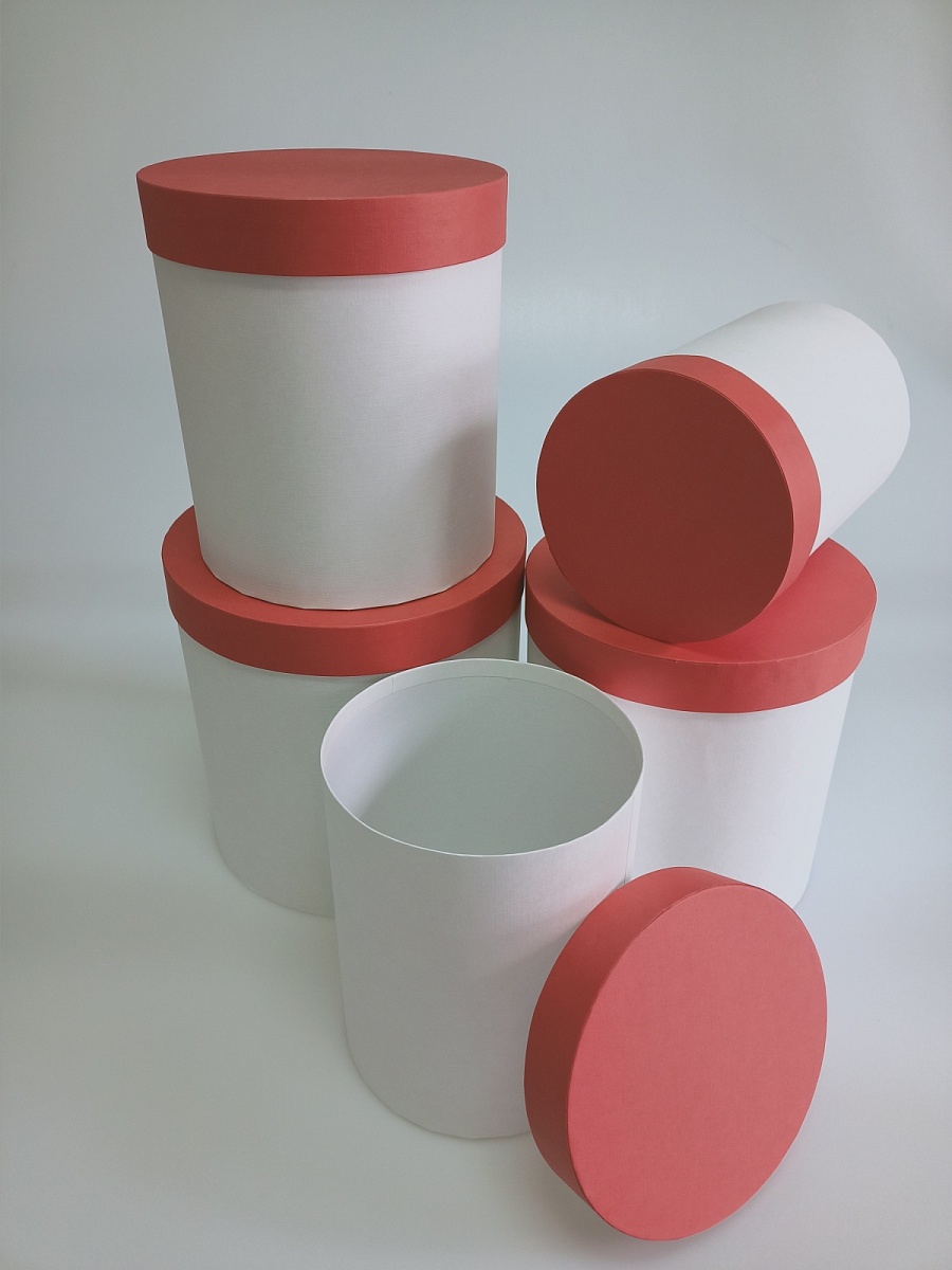Набор круглых подарочных коробок 5 в 1, 14 х 18  - 22 х 22  см. "Радуга", красный, белый