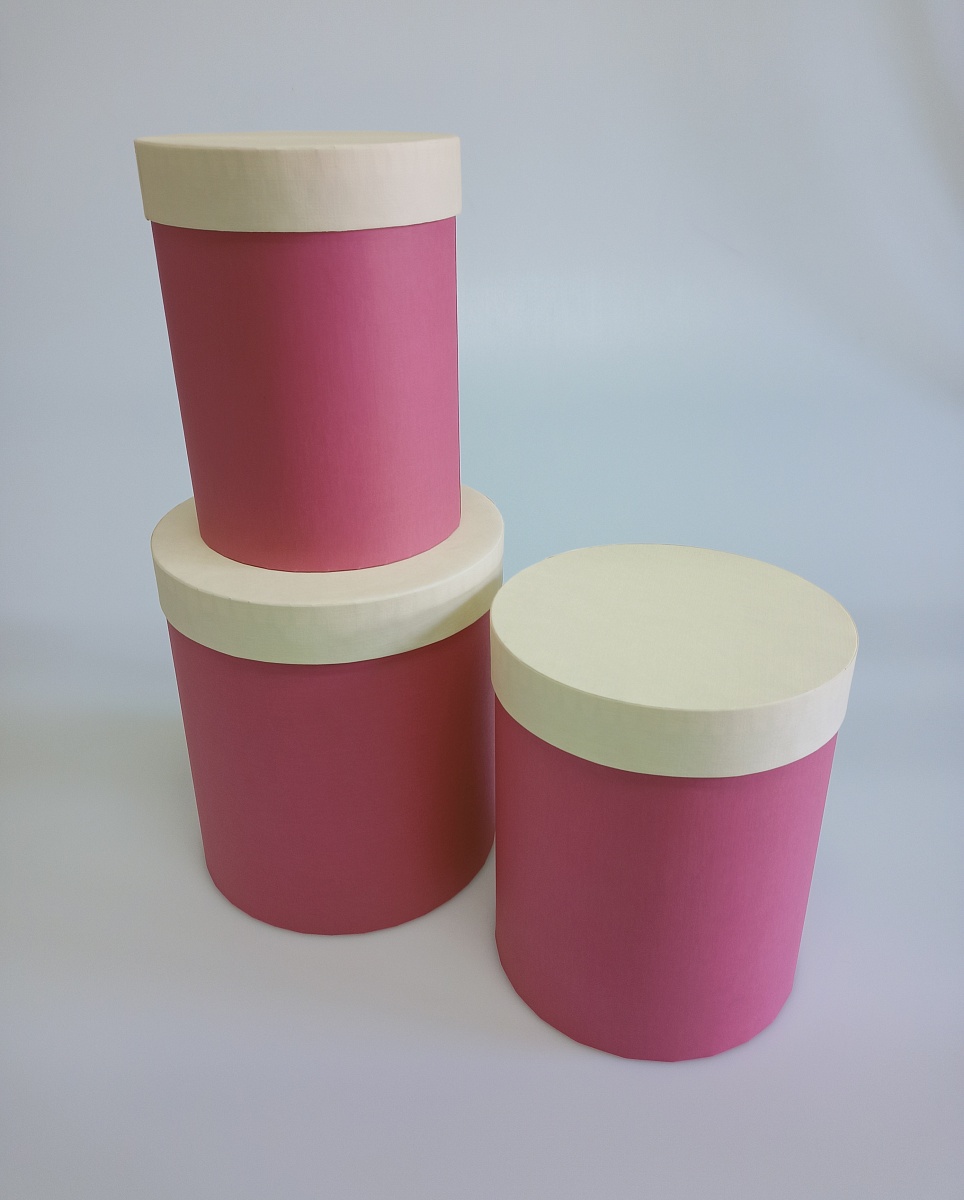 Набор круглых подарочных коробок 3 в 1, 14 х 18 - 18 х 20 см. "Радуга", бежевый, розовый