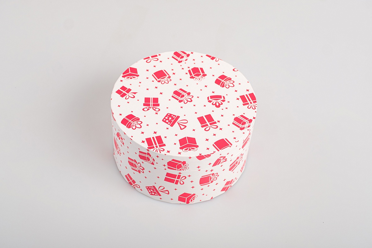 Подарочная коробка круглая, 21 x 11 см. "Подарок", красный, белый