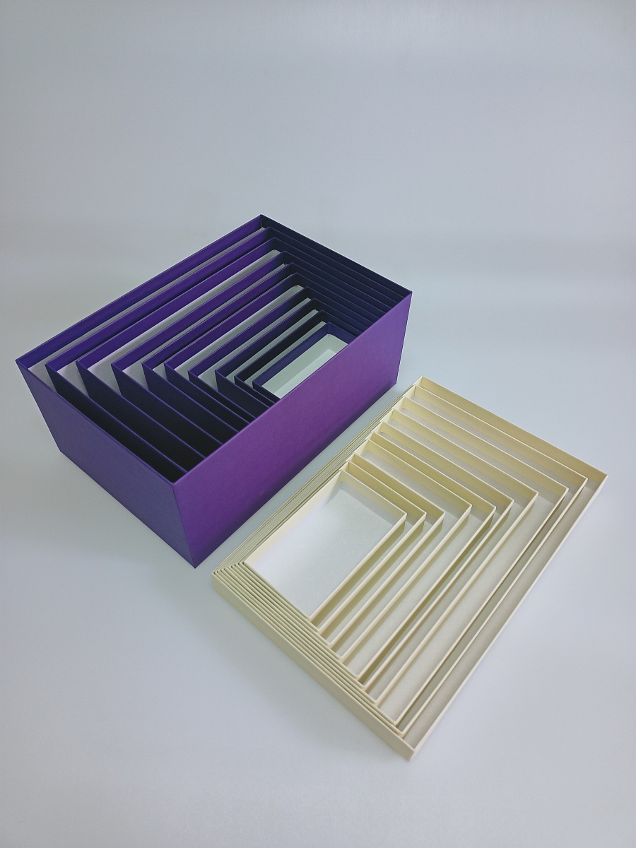 Набор прямоугольных подарочных коробок 10 в 1, 12.9 x 7.4 x 4.5 - 31.4 x 20.9 x 13.5 см. "Радуга", бежевый, фиолетовый   